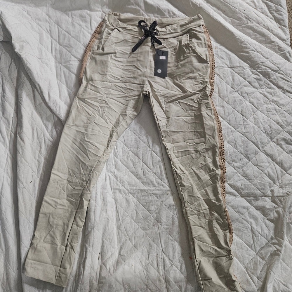Venti6 Italy Khaki Beige Magic Pants Braided Side Trim Drawstring Slim Fit Small